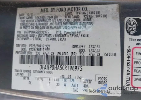 2012 Ford Fusion Se z USA, uszkodzony, nr VIN 3FAHP0HA5CR196975
